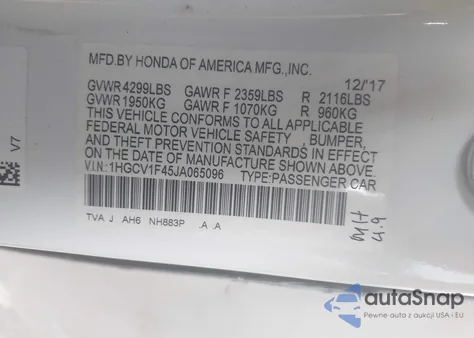 2018 Honda Accord Ex from USA, damaged, VIN 1HGCV1F45JA065096